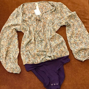 Free People Sky/Ceil Floral Chiffon Bodysuit